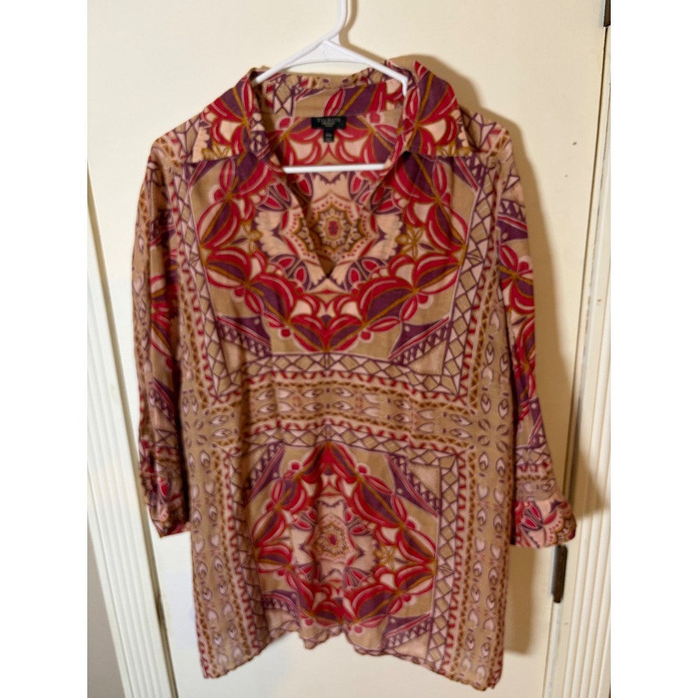 Talbots Woman Pink Purple Geometric Mandala Print Tunic Blouse 14W Split Neck